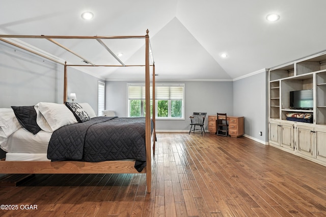 5623 Rivercrest Valley Dr, Joplin, MO 64804 - bedroom with ornamental molding, lofted ceiling, wood finished floors, and recessed lighting