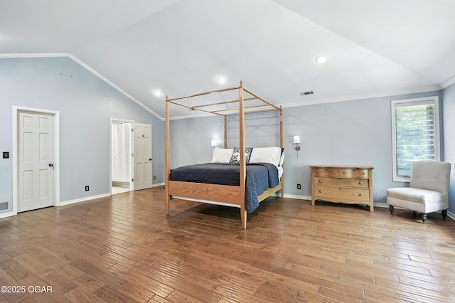 5623 Rivercrest Valley Dr, Joplin, MO 64804 - bedroom featuring lofted ceiling, wood-type flooring, crown molding, and recessed lighting