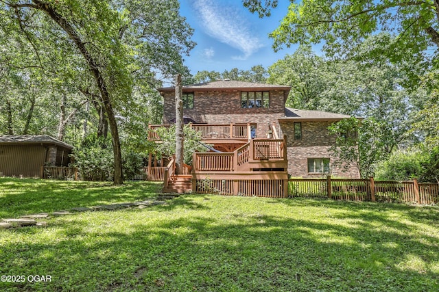 5623 Rivercrest Valley Dr, Joplin, MO 64804 - back of property with brick siding, a fenced backyard, a wooden deck, and stairway