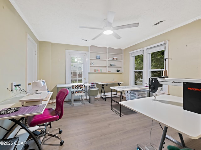 629 W Islington Pl, Joplin, MO 64801 - office area with ornamental molding, wood finished floors, and a ceiling fan