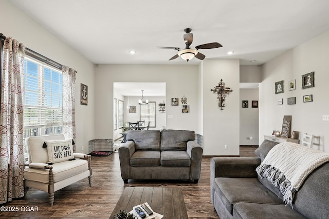 2256 N Greystone Sq, Webb City, MO 64870 - living area with ceiling fan, dark wood-type flooring, and recessed lighting