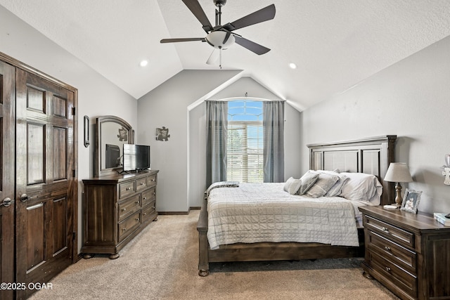 2256 N Greystone Sq, Webb City, MO 64870 - bedroom with light colored carpet, lofted ceiling, a ceiling fan, and recessed lighting