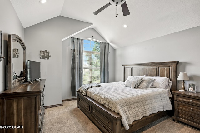 2256 N Greystone Sq, Webb City, MO 64870 - bedroom with lofted ceiling, light colored carpet, ceiling fan, and recessed lighting