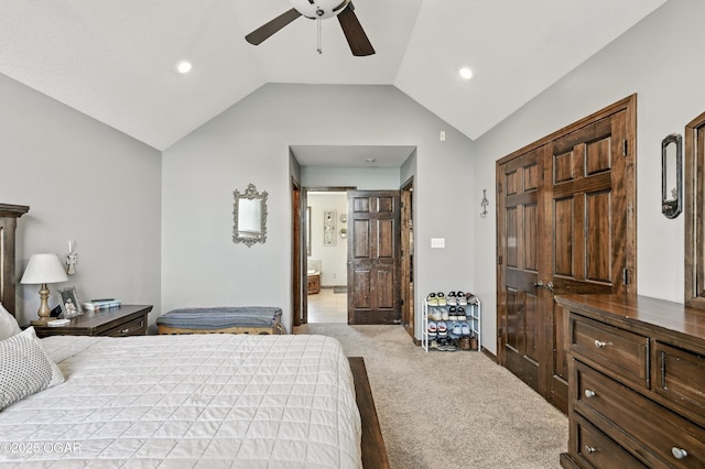 2256 N Greystone Sq, Webb City, MO 64870 - bedroom featuring light carpet, lofted ceiling, recessed lighting, a ceiling fan, and connected bathroom
