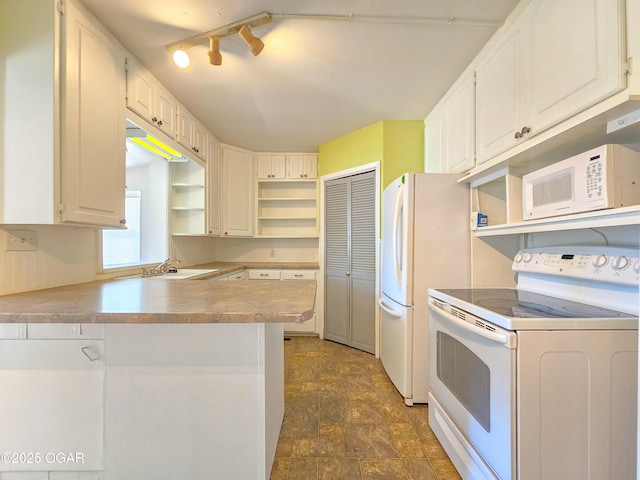 2507 N Ozark Ave, Joplin, MO 64801 - kitchen with white appliances, open shelves, a peninsula, white cabinets, and stone finish flooring