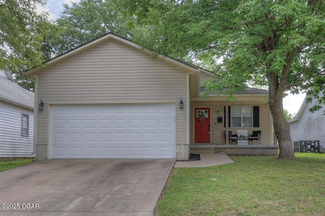 715 Wilson St, Webb City, MO 64870 - ranch-style house featuring covered porch, a garage, concrete driveway, and a front lawn