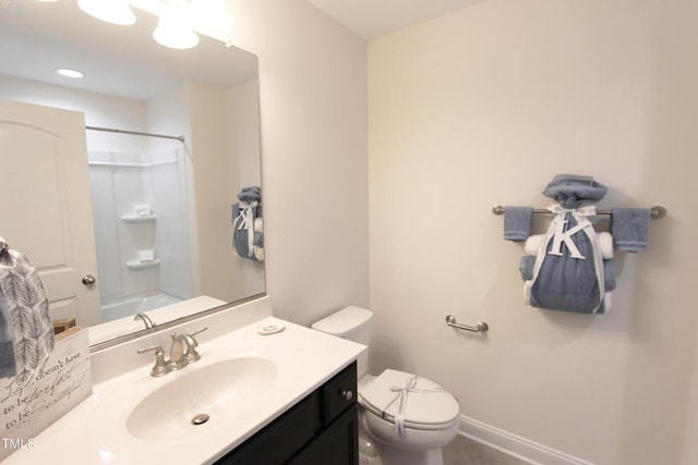 full bathroom with vanity,  shower combination, and toilet