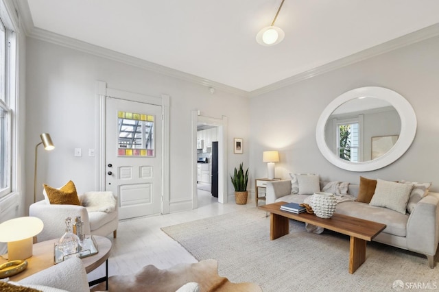 living room with crown molding