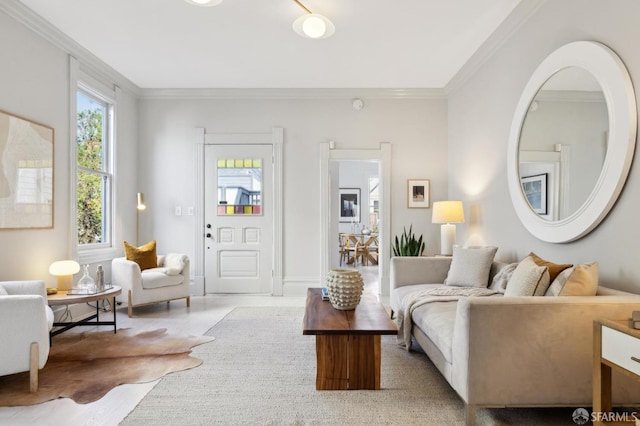 living room with ornamental molding