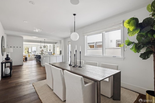 dining area featuring sink and dark wood-type flooring