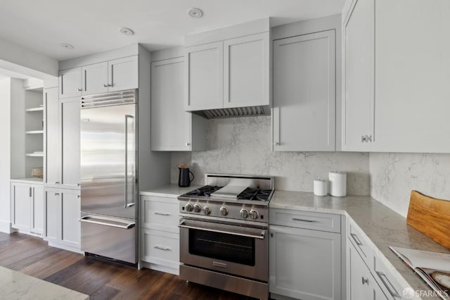 kitchen featuring high quality appliances, dark hardwood / wood-style floors, white cabinets, and decorative backsplash