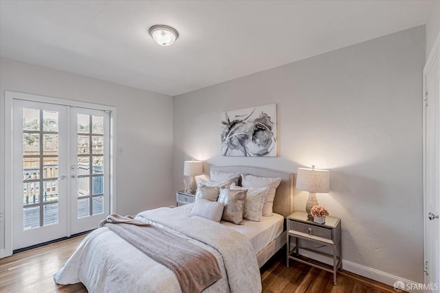 bedroom featuring access to exterior, french doors, baseboards, and wood finished floors