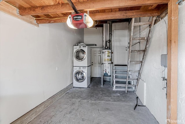 laundry room with water heater, laundry area, and stacked washing maching and dryer