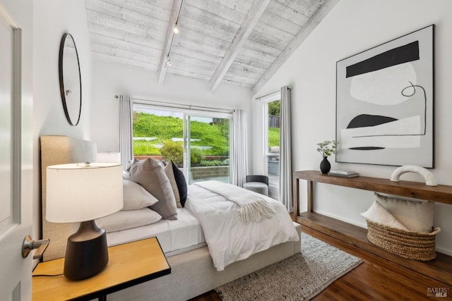 1837 Centro W St, Tiburon, CA 94920 - bedroom with wooden ceiling, lofted ceiling with beams, access to exterior, track lighting, and wood finished floors