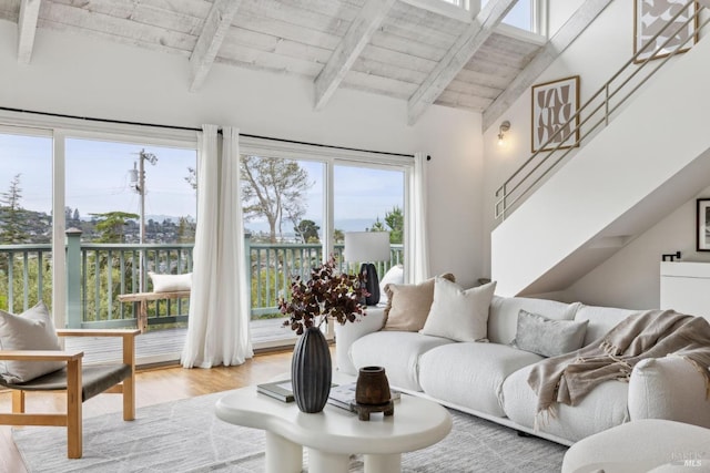 1837 Centro W St, Tiburon, CA 94920 - living room featuring wood ceiling, vaulted ceiling with beams, and wood finished floors