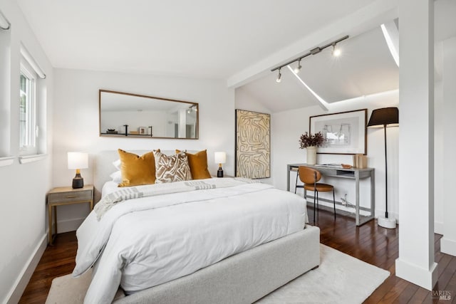 1837 Centro W St, Tiburon, CA 94920 - bedroom with lofted ceiling with beams, baseboards, wood finished floors, and track lighting