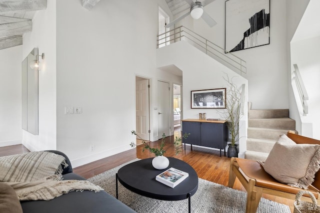 1837 Centro W St, Tiburon, CA 94920 - living area with stairs, wood finished floors, baseboards, and a ceiling fan