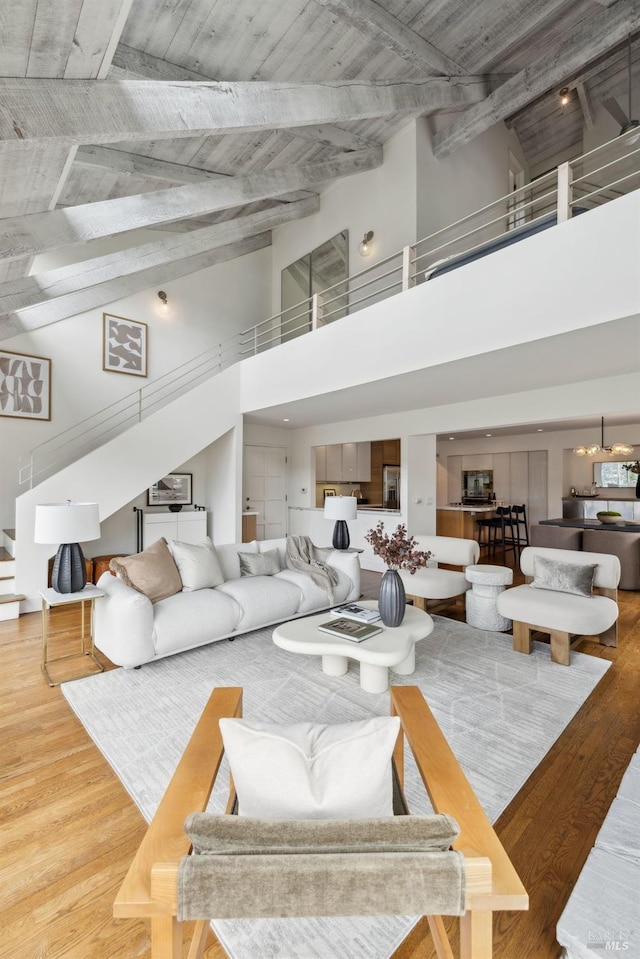 1837 Centro W St, Tiburon, CA 94920 - living room with a high ceiling, wood finished floors, and stairway