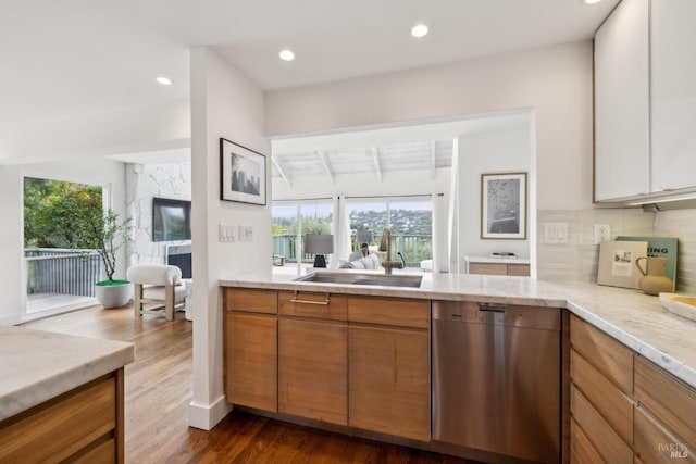 1837 Centro W St, Tiburon, CA 94920 - kitchen featuring a sink, light stone countertops, stainless steel dishwasher, decorative backsplash, and dark wood-style flooring