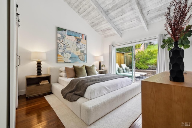1837 Centro W St, Tiburon, CA 94920 - bedroom featuring lofted ceiling with beams, access to exterior, wooden ceiling, and wood-type flooring