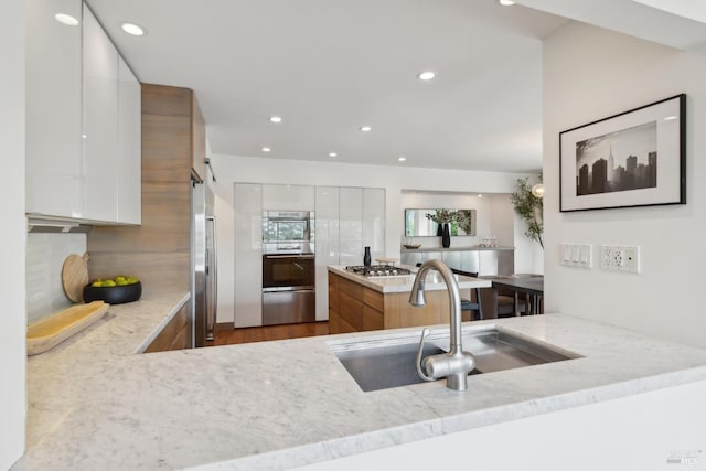 1837 Centro W St, Tiburon, CA 94920 - kitchen with a sink, stainless steel appliances, light stone countertops, and modern cabinets