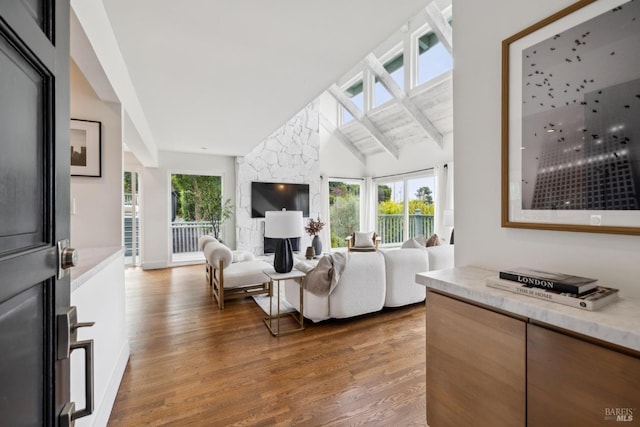 1837 Centro W St, Tiburon, CA 94920 - living room featuring lofted ceiling with beams and wood finished floors