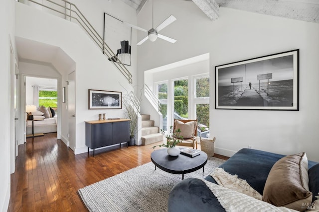 1837 Centro W St, Tiburon, CA 94920 - living area featuring dark wood-style flooring, high vaulted ceiling, baseboards, stairs, and ceiling fan