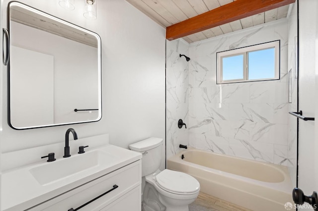 5407 Diamond Heights Blvd Unit 1, San Francisco, CA 94131 - bathroom featuring toilet, vanity,  shower combination, and wood ceiling with exposed beams