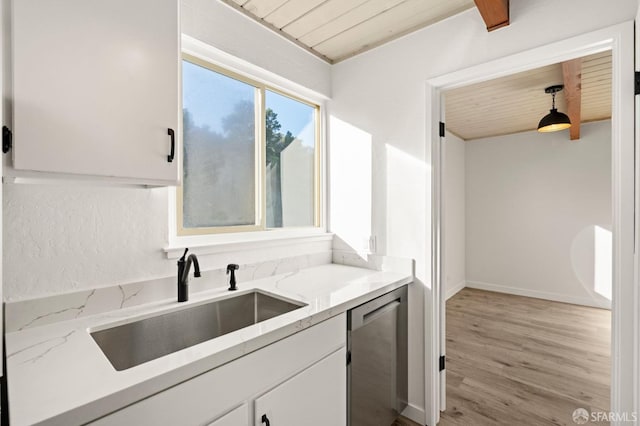 5407 Diamond Heights Blvd Unit 1, San Francisco, CA 94131 - kitchen featuring wood ceiling, a sink, dishwasher, white cabinetry, and light wood finished floors