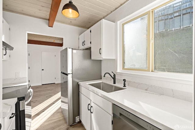 5407 Diamond Heights Blvd Unit 1, San Francisco, CA 94131 - kitchen with appliances with stainless steel finishes, light wood finished floors, a sink, white cabinetry, and wooden ceiling with exposed beams