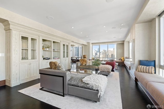 living room featuring dark wood-type flooring