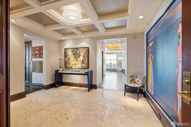 corridor featuring coffered ceiling, an inviting chandelier, and beam ceiling