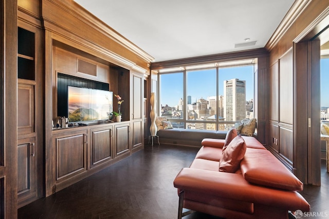 interior space with dark wood-type flooring and ornamental molding