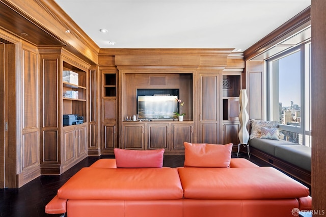 765 Market St Unit 28D, San Francisco, CA 94103 - living room with ornamental molding, dark wood finished floors, and built in features