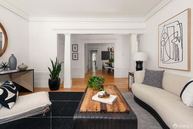 1828 Grove St, San Francisco, CA 94117 - living room with decorative columns, ornamental molding, wood finished floors, and baseboards