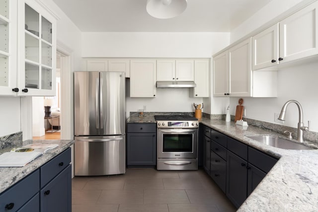 1828 Grove St, San Francisco, CA 94117 - kitchen with stainless steel appliances, a sink, under cabinet range hood, white cabinetry, and light stone countertops