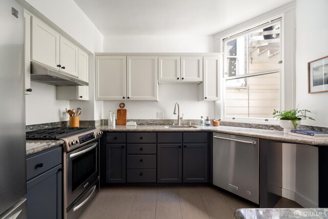 1828 Grove St, San Francisco, CA 94117 - kitchen featuring stainless steel appliances, under cabinet range hood, a sink, white cabinets, and light stone counters