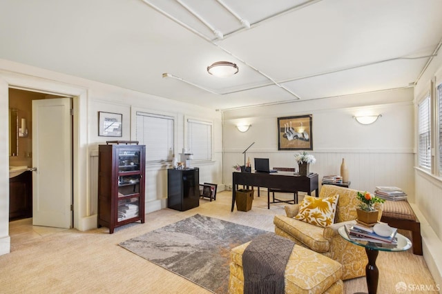 office space with light colored carpet and a wainscoted wall