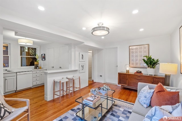 living room featuring sink and light wood-type flooring