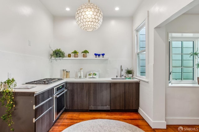 bar featuring dark wood-type flooring, sink, stainless steel appliances, and dark brown cabinetry