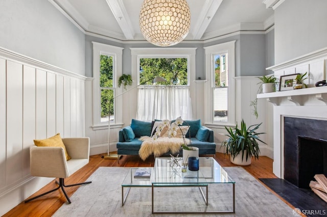 interior space with an inviting chandelier and beam ceiling