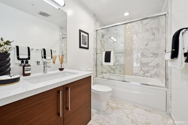 bathroom with toilet, shower / bath combination with glass door, visible vents, vanity, and marble finish floor