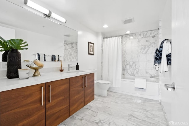 full bath featuring visible vents, toilet, shower / tub combo with curtain, marble finish floor, and vanity