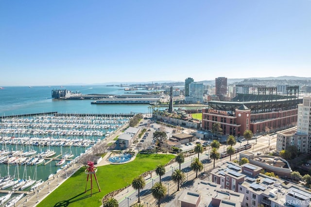 bird's eye view with a water view and a view of city