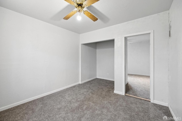 unfurnished bedroom with baseboards, carpet, and ceiling fan