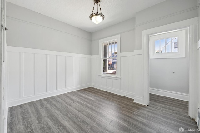 unfurnished dining area featuring wainscoting, wood finished floors, a wealth of natural light, and a decorative wall