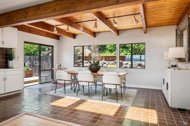 308 E Strawberry Dr, Mill Valley, CA 94941 - dining space with wood ceiling with exposed beams, dark tile patterned flooring, baseboards, and rail lighting