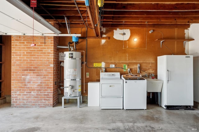 308 E Strawberry Dr, Mill Valley, CA 94941 - garage featuring water heater, washer and dryer, freestanding refrigerator, and a sink