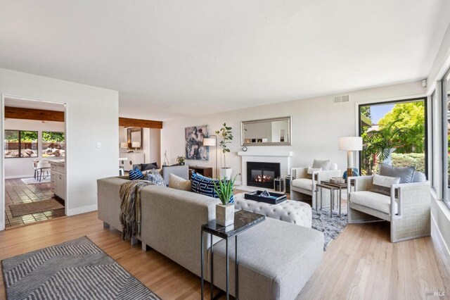 308 E Strawberry Dr, Mill Valley, CA 94941 - living area featuring a glass covered fireplace, light wood-style floors, and baseboards