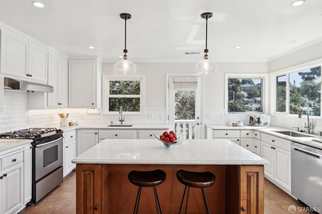 kitchen with a sink, visible vents, under cabinet range hood, and stainless steel appliances